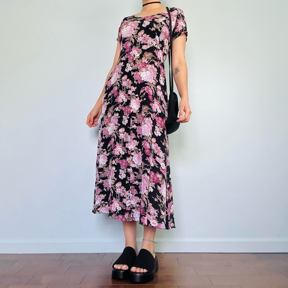 90s Pink and Black Floral Midi Dress